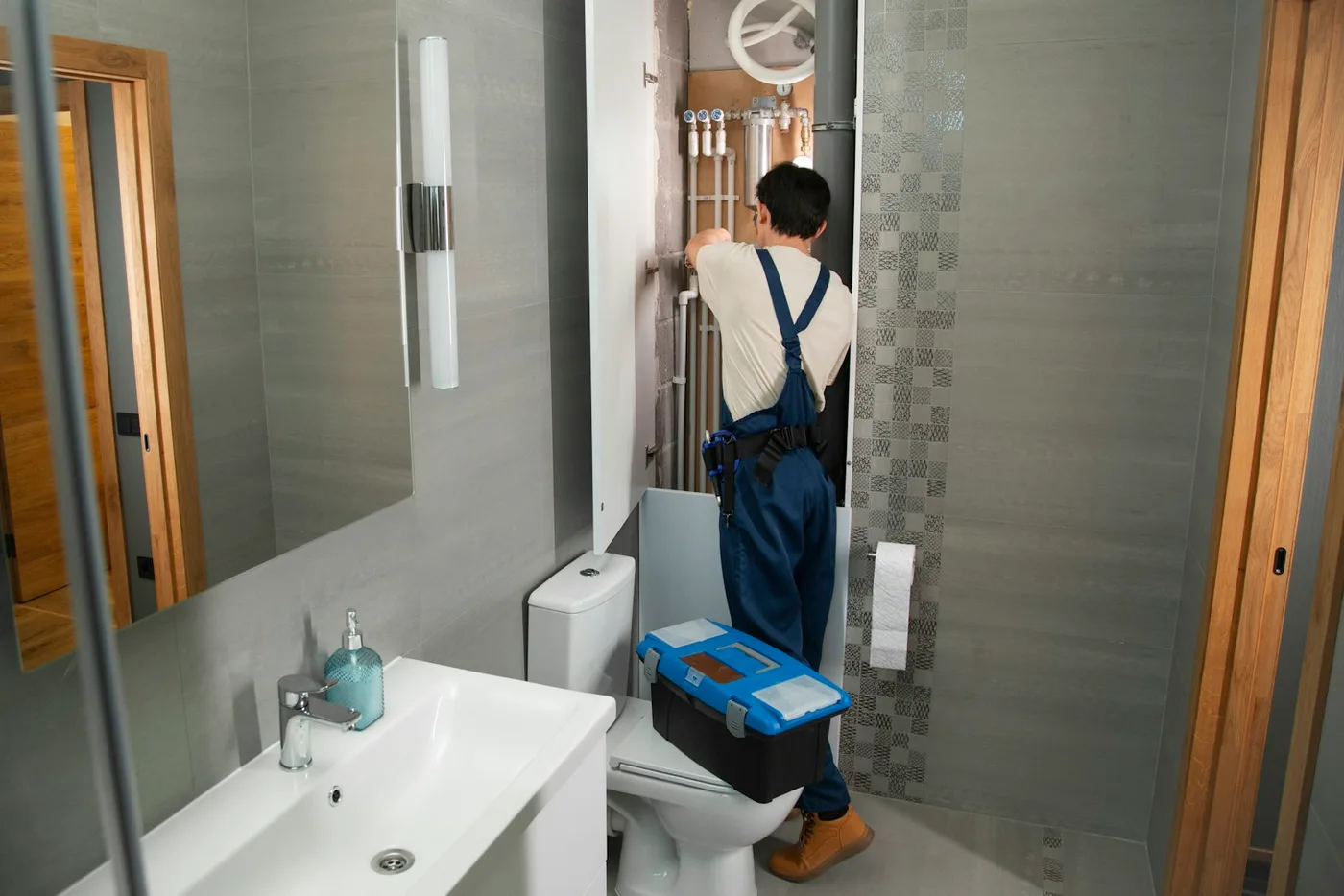 Licensed technician servicing hot water pipework on site