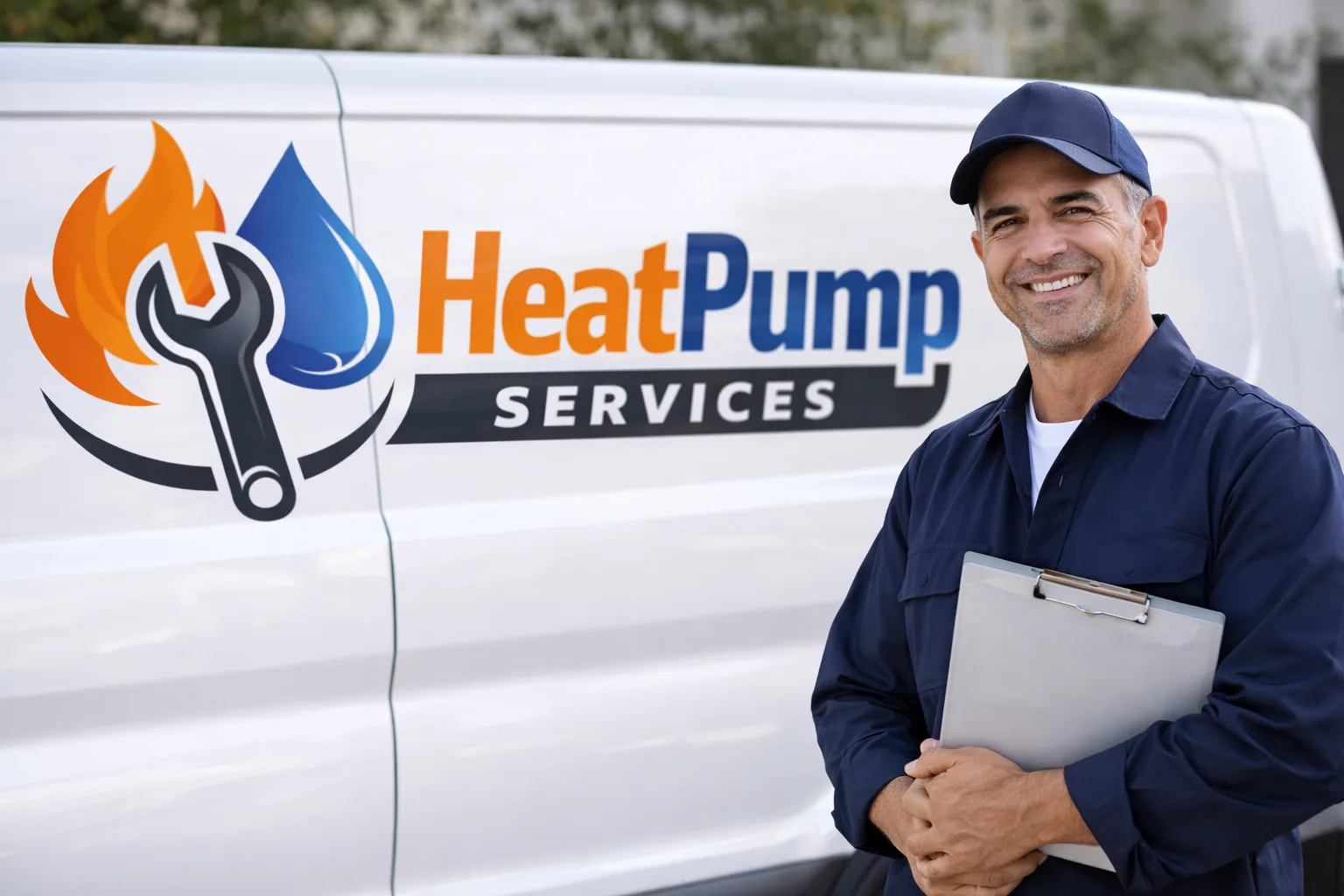 Heat Pump Services technician standing beside a branded service van