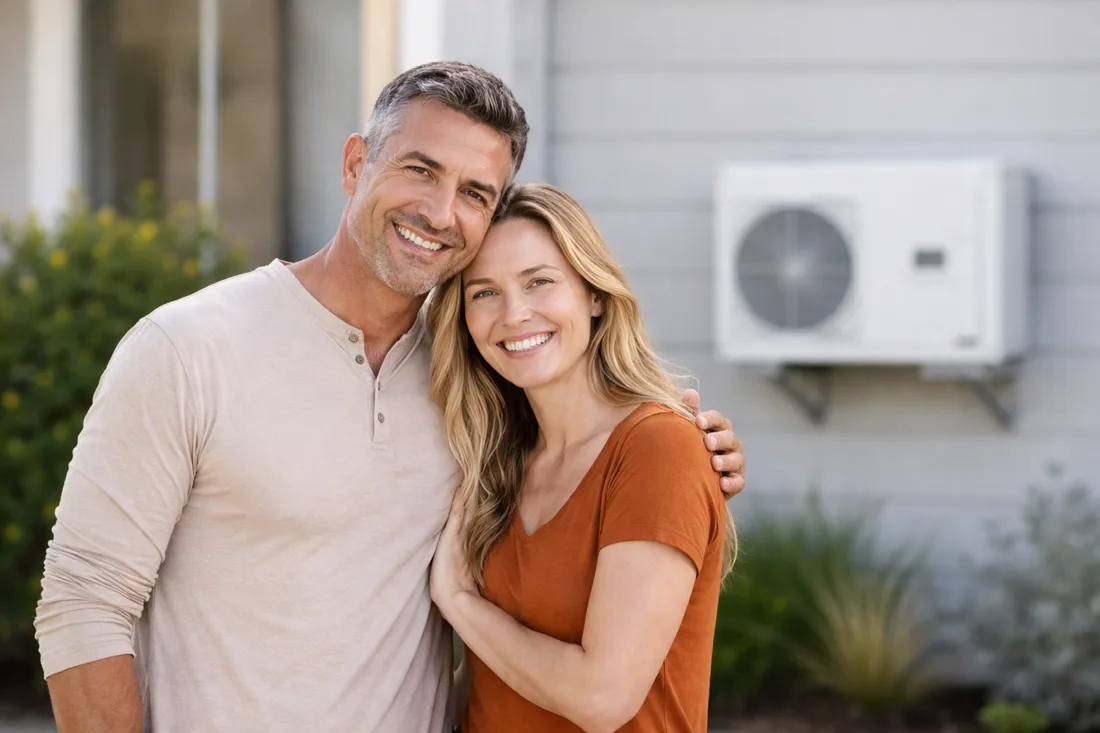 Happy homeowners standing in front of their house with a heat pump unit installed